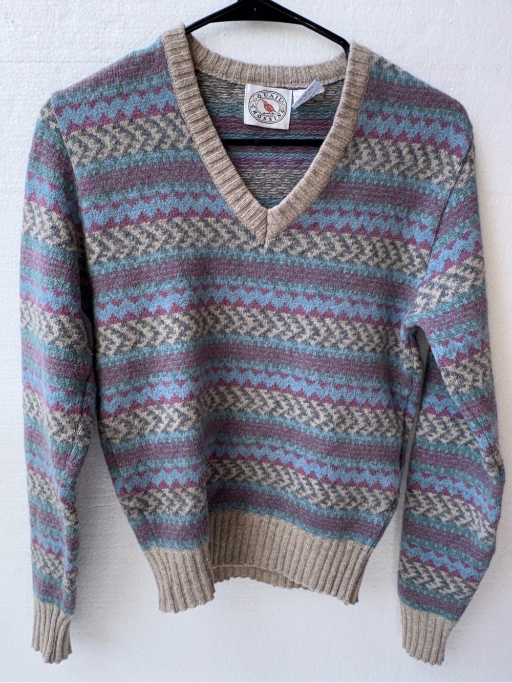Vintage Quail Crossing Fair Isle Wool‎ Sweater Pastel V Neck Cottagecore
